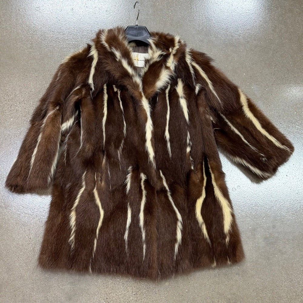 Vintage The Bon Marche Skunk Fur Coat Brown Cream Striped Mid Length Lined S-M